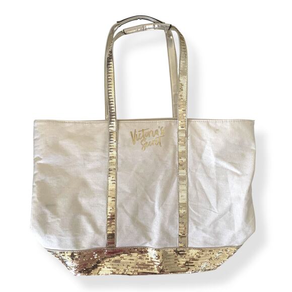 Victoria's Secret white metallic silver sequin oversized top zipper tote bag - Picture 2 of 14